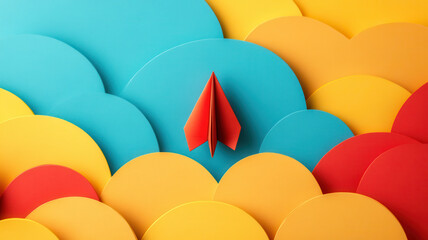 Paper airplane flying above colorful paper clouds, symbolizing creativity and imagination in vibrant scene