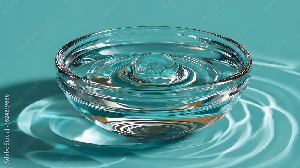 Poster clear water bowl creating ripples on a smooth aqua surface with soft reflections