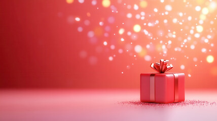 Red gift box with shiny ribbon on red background with glowing bokeh lights and festive glitter sparkle