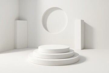 Fototapeta premium Minimalist white studio with tiered circular podium and geometric shapes
