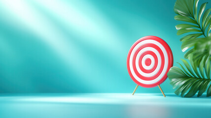 Red and white archery target on stand with tropical leaves and soft light on turquoise background