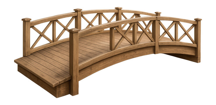 Wooden arched garden bridge with cross-braced railings, exhibiting a rustic design ideal for landscaping, garden paths, or decorative outdoor features.