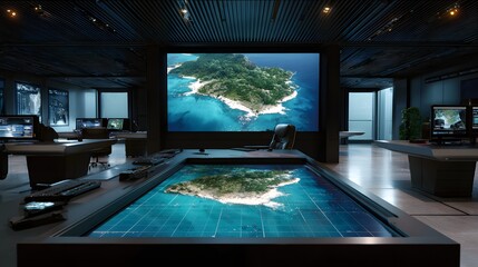 Fototapeta premium Futuristic Office Space Featuring Large Screens and Interactive Displays of an Island Over Water