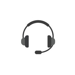 Simple, black and gray icon of a headset with microphone.