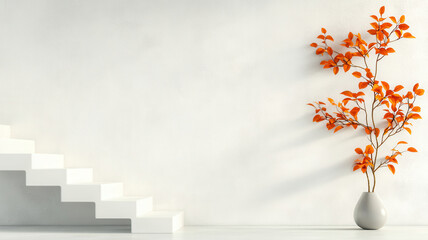 Minimal white staircase with clean concrete wall and bright orange leaves in vase creating calm and modern interior with natural light