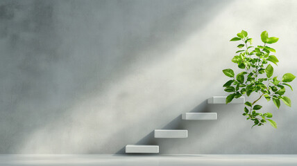 Minimal white staircase with green plant growing against clean concrete wall in soft natural light creating calm and fresh atmosphere