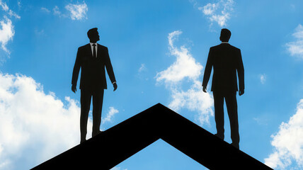 Two businessmen silhouette standing on opposite sides of peak under bright blue sky with scattered clouds, symbolizing competition and decision