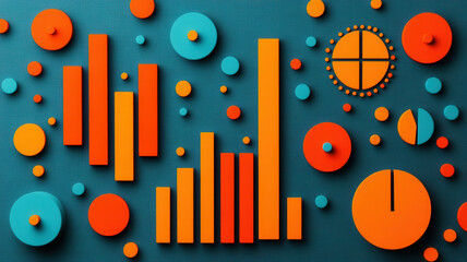 Colorful abstract geometric shapes with bar and pie chart elements create vibrant modern design with orange and blue tones