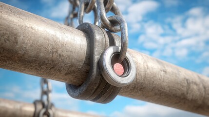 Close-up of metal pipes, chains, and clamps