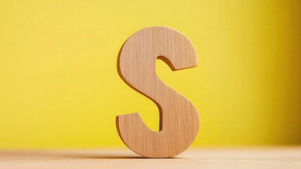 Wooden letter S standing on wooden surface with yellow background, simple and natural design with warm lighting