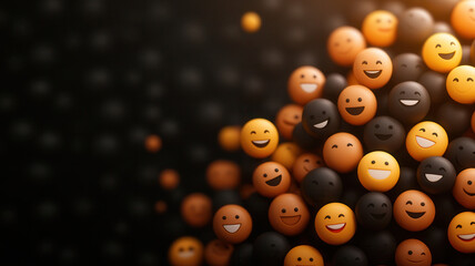 Smiling emoji faces in orange and black colors clustered together on dark background, creating joyful and playful atmosphere