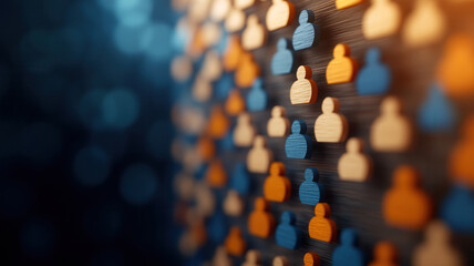 Wooden human figures in blue, orange, and beige colors arranged on dark surface, symbolizing community and connection