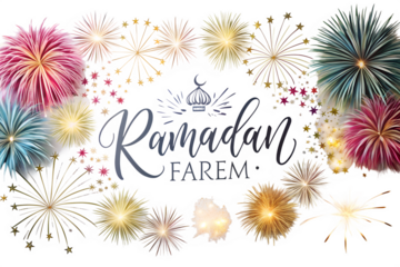 Festive ramadan kareem design with fireworks and stars isolated on transparent background, a vibrant islamic greeting for the holy month