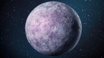 Mysterious dark planet with cratered surface and faint light reflecting in space, evoking sense of cosmic wonder and solitude