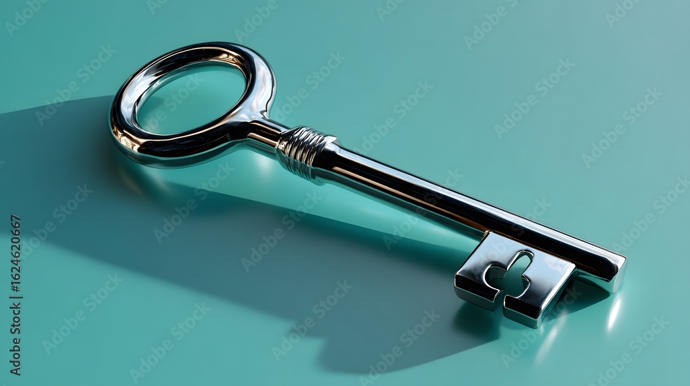 Poster close-up of a shiny metal key casting a shadow on a smooth surface with soft lighting