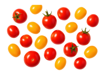 A scattered arrangement of red and yellow cherry tomatoes on a white background, showcasing their vibrant colors and freshness, suitable for culinary and gardening themes.