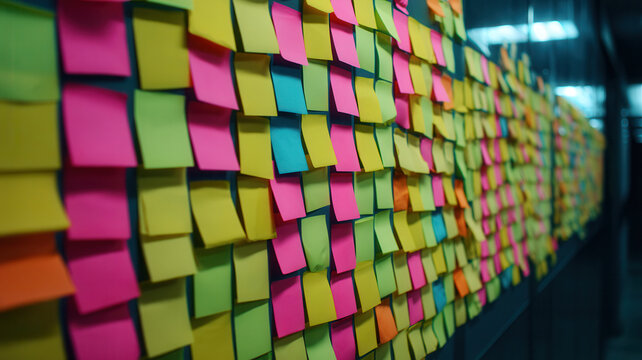 Colorful sticky notes cover glass wall in office, creating vibrant and dynamic workspace filled with ideas and creativity