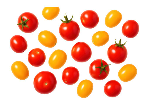 A scattered arrangement of red and yellow cherry tomatoes on a white background, showcasing their vibrant colors and freshness, suitable for culinary and gardening themes.
