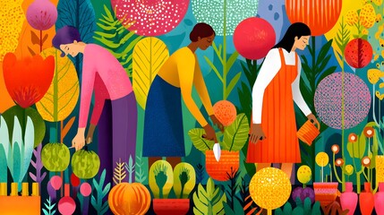 Women Collaborating in a Colorful Garden Planting and Nurturing Vibrant Plants and Flowers