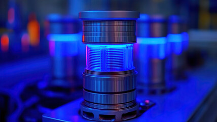 High tech futuristic device with glowing blue light and metallic components in blurred industrial setting, emitting cool technological vibe