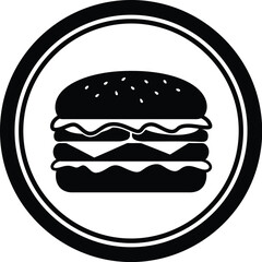 Simple black and white circular icon featuring a stylized double cheeseburger with sesame seeds on the bun