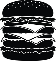 Stylized black silhouette of a tall double cheeseburger with lettuce and tomato on a white background