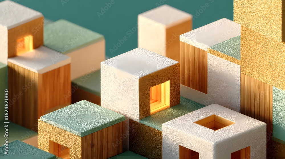 Poster colorful geometric shapes and structures with soft lighting in an abstract 3d design
