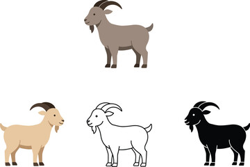 Collection of four distinct goat illustrations showcasing different colors poses and styles on a white background