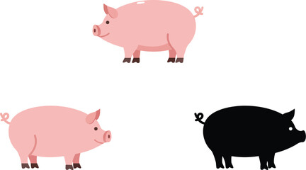Three stylized cartoon pigs in pink and black silhouettes on a white background representing farm animals