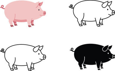 Collection of four stylized pig illustrations showing pink outline black and white and silhouette versions