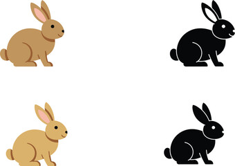 Four stylized rabbit icons featuring two color illustrations and two black silhouettes on a white background