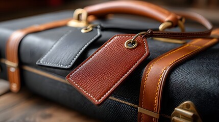 Close-Up of Vintage Leather Luggage Tags on Elegant Black Suitcase with Stylish Brown Accents