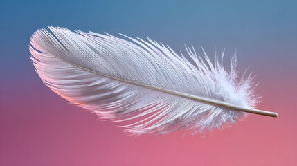 Obraz premium Delicate White Feather Floating Against a Soft Pink and Blue Abstract Background