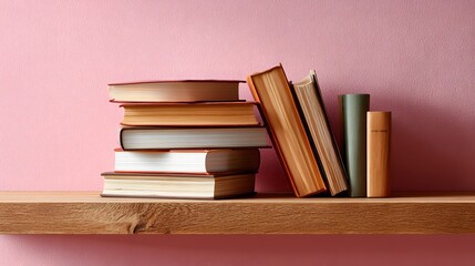 Stack of Various Books on Wooden Shelf Against a Soft Pink Textured Wall Background