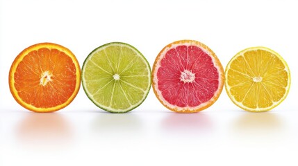 Fototapeta premium The vibrant arrangement of citrus fruit slices on a clean background.