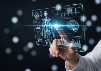 Doctor touching a futuristic medical interface displaying human anatomy and data