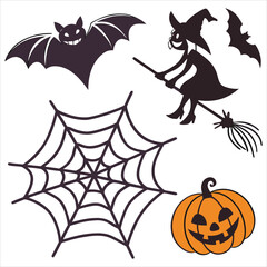 Halloween. Halloween Icon Set. Halloween set clipart vector. Halloween Flat Design Icon Set. Set of Halloween Pumpkins Silhouette. Halloween cartoon vector.	