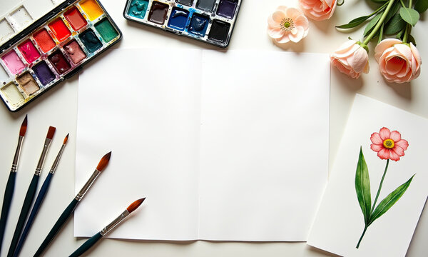 Artistic Still Life: Watercolor Paints Brushes Flowers and Blank Paper - Powered by Adobe