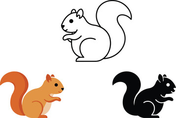 Three stylized illustrations of a squirrel in outline color and silhouette variations for design