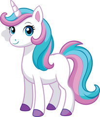  Cute Cartoon Unicorn with Rainbow Mane Isolated on White Background