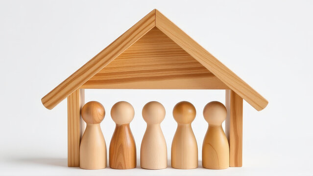 Wooden peg dolls, figures, under a roof, symbolizing family, community, or togetherness in a minimalist design.