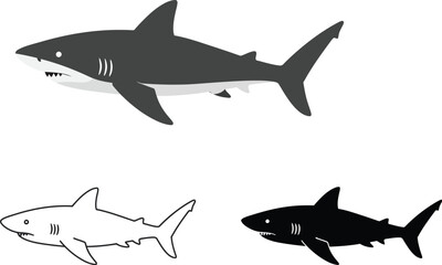 Three stylized illustrations of sharks in different poses and colors on a white background