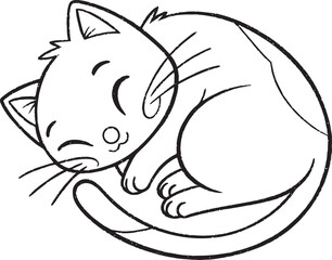Cute curled sleeping kitten outline illustration for coloring pages, kids books, and pet designs. Peaceful cat line art perfect for print, learning materials, and animal-themed graphics.