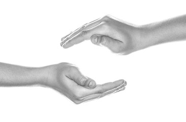 Hands cupped in a protection, protection, safety or safe concept symbol. Hands showing gestures to...
