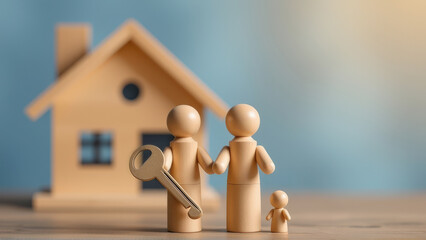 A family of wooden peg dolls, figures, stands in front of a house, holding a key symbolizing home ownership and family unity.