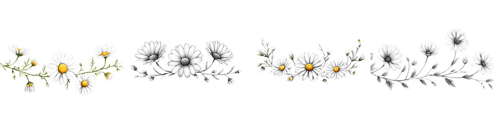 Fototapeta premium Daisy Flower Borders - Watercolor Style Floral Design Isolated on White