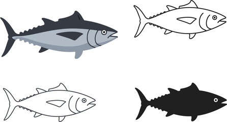 Collection of tuna fish illustrations featuring realistic colored drawing outline sketch and silhouette