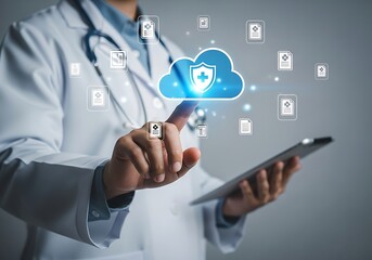 Doctor using tablet with cloud storage for medical data and records