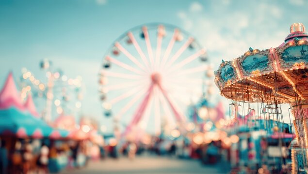Blurred fairground scene with Ferris wheel and carousel