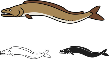 Stylized illustration of a brown eel with a long body and fins in three different artistic interpretations on a white background